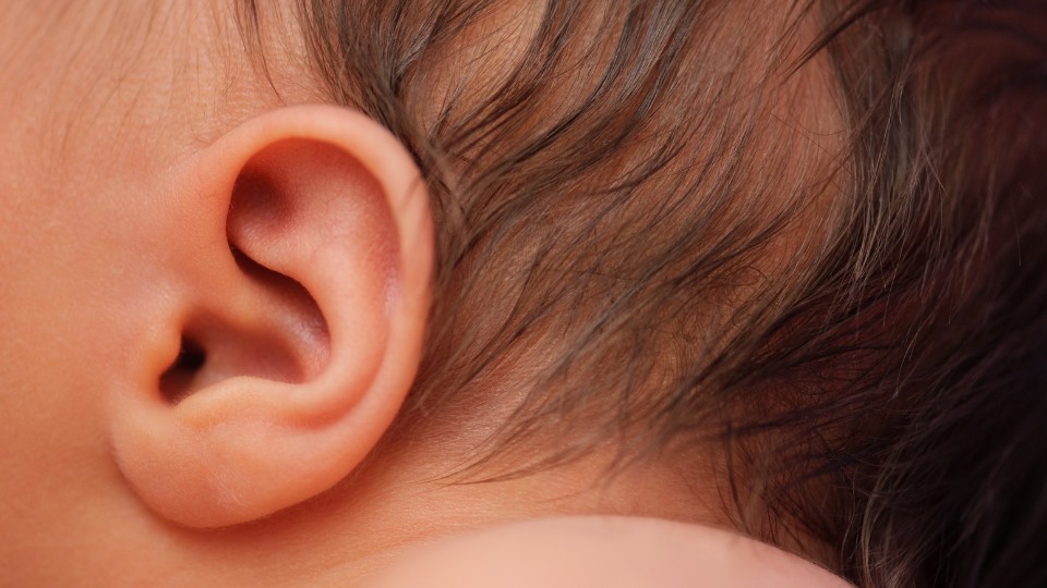 Close-up view of a newborn’s ear highlighting auditory health