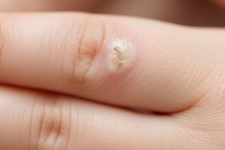 Common wart on a child’s finger, often rough and raised