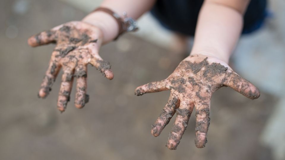 Dirty child hands from playground activity and outdoor play