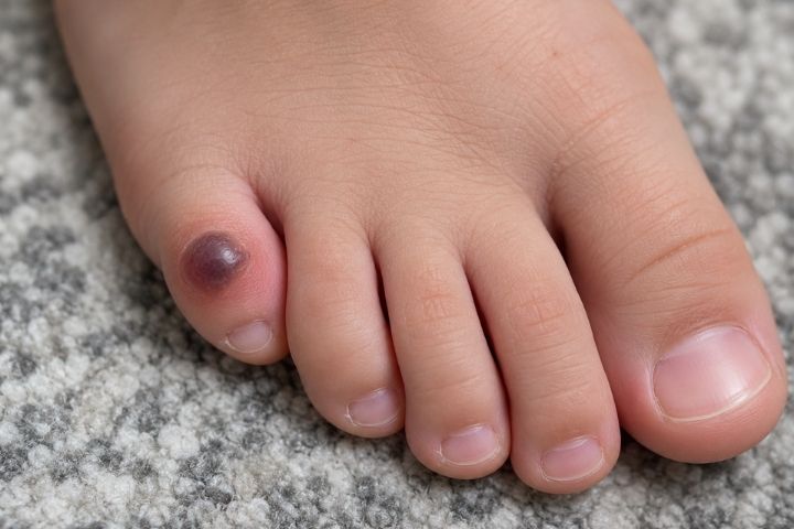 Blood blister on a child’s foot after cryotherapy treatment for a wart