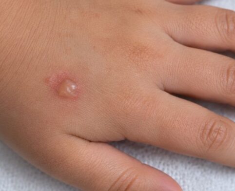 Clear fluid filled blister on a child’s hand after cryotherapy treatment